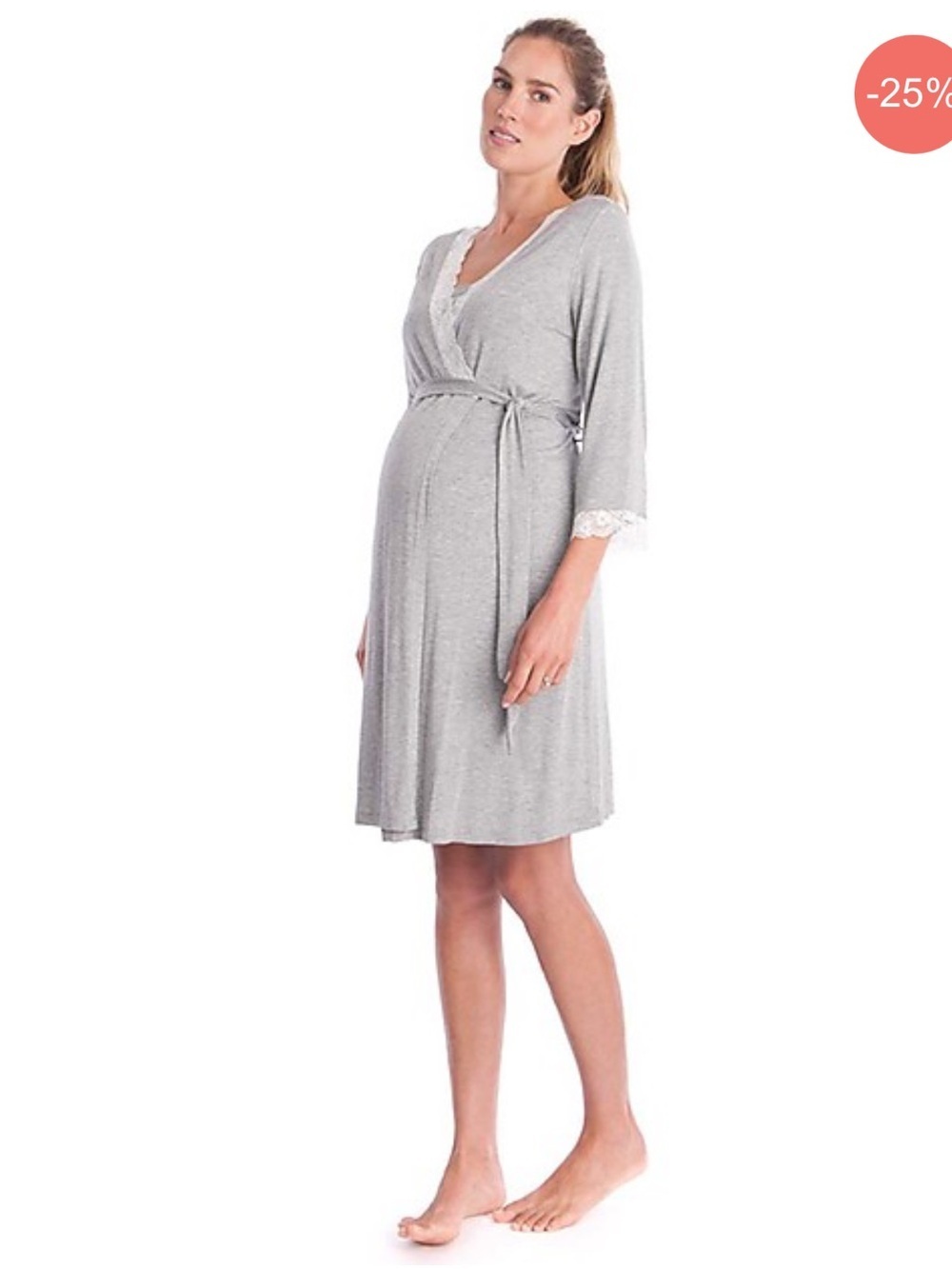 Seraphine Grey Maternity Lace-Trim Wrap Robe